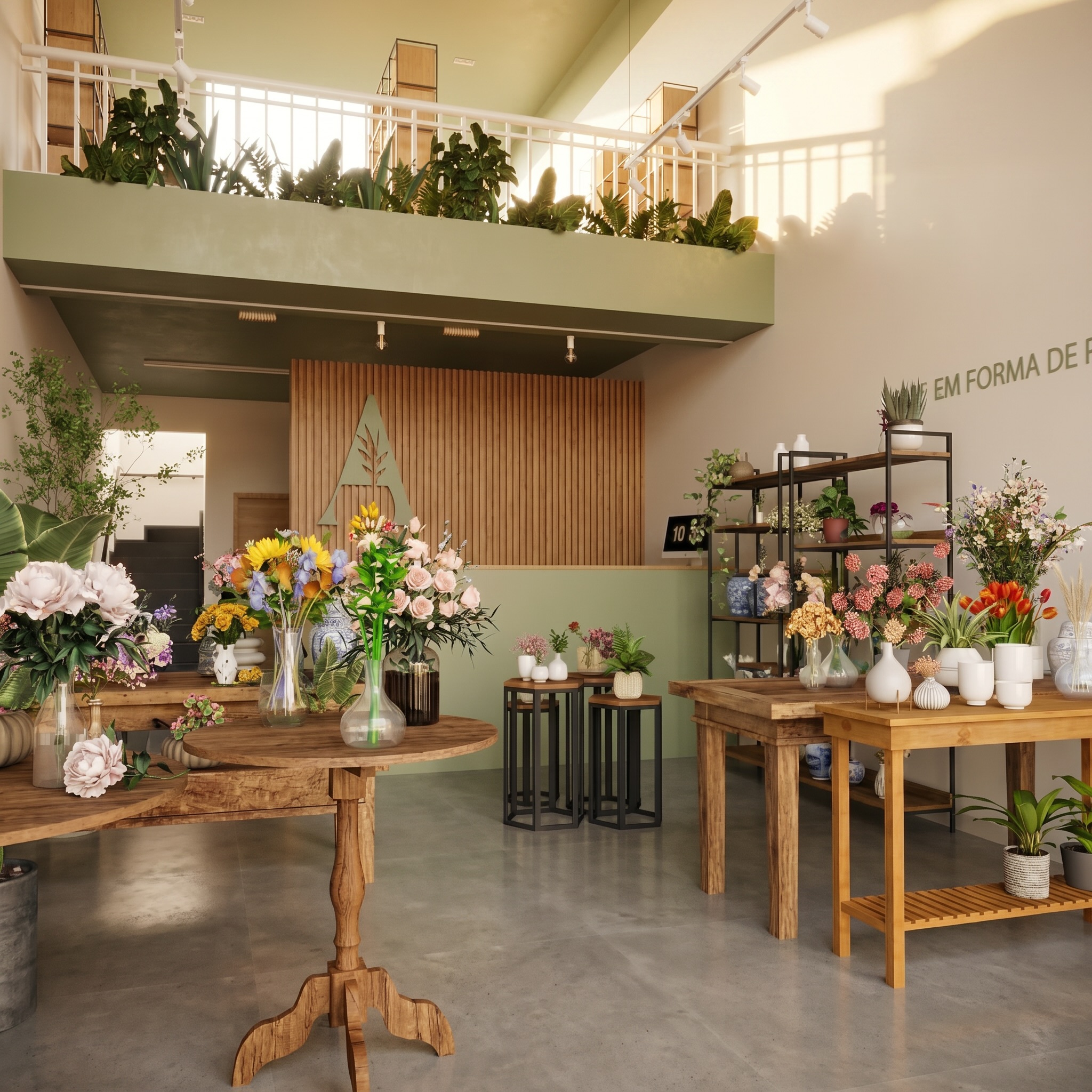 Floricultura com pé-direito duplo, mezanino de plantas e marcenaria ripada